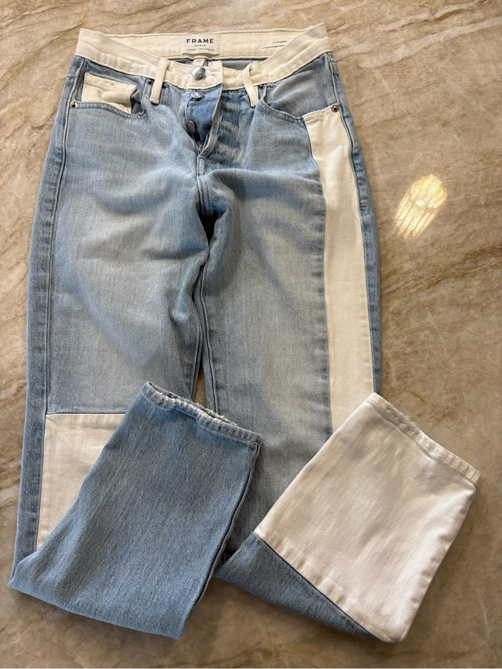 Frame Denim Two-Tone Light Blue and White Straight Leg Jeans